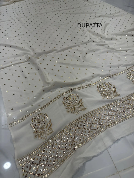 White Pure Georgette dupatta with handcrafted Mukaish work and designer embroidered border