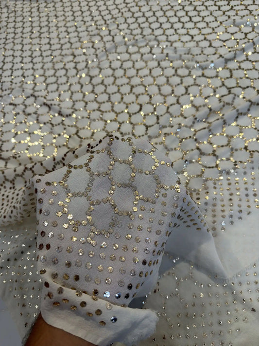 Close-up of geometric honeycomb Mukaish and Kamdani handwork on a White Pure Georgette dupatta