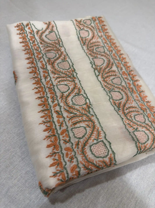 Ivory dyeable Lucknowi Chikankari Chanderi Silk unstitched kurta fabric with peach and sage green hand embroidery for men and women.
