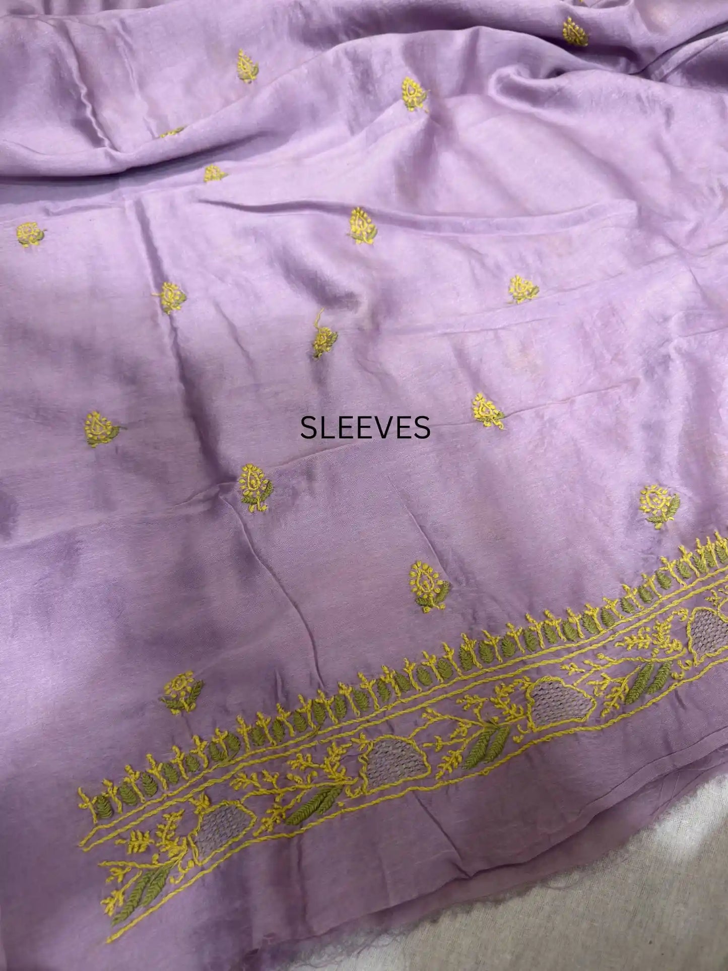Elegant mustard yellow and olive green Lucknowi Chikankari sleeve embroidery on Mauve Purple Chanderi Silk unstitched kurta fabric.