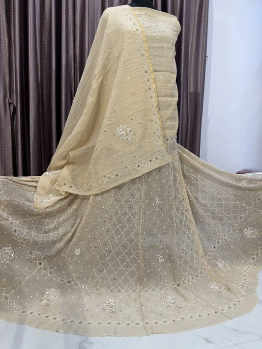 Pure Tissue Lucknowi Lehenga with handcrafted Mukaish and pearl work