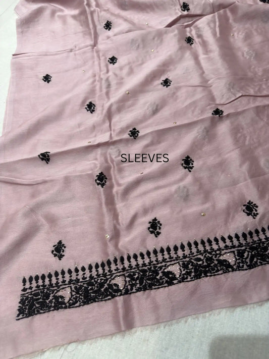 Mauve Chanderi Silk Lucknowi Chikankari Mukaish Unstitched Kurta Fabric with Black Hand Embroidery