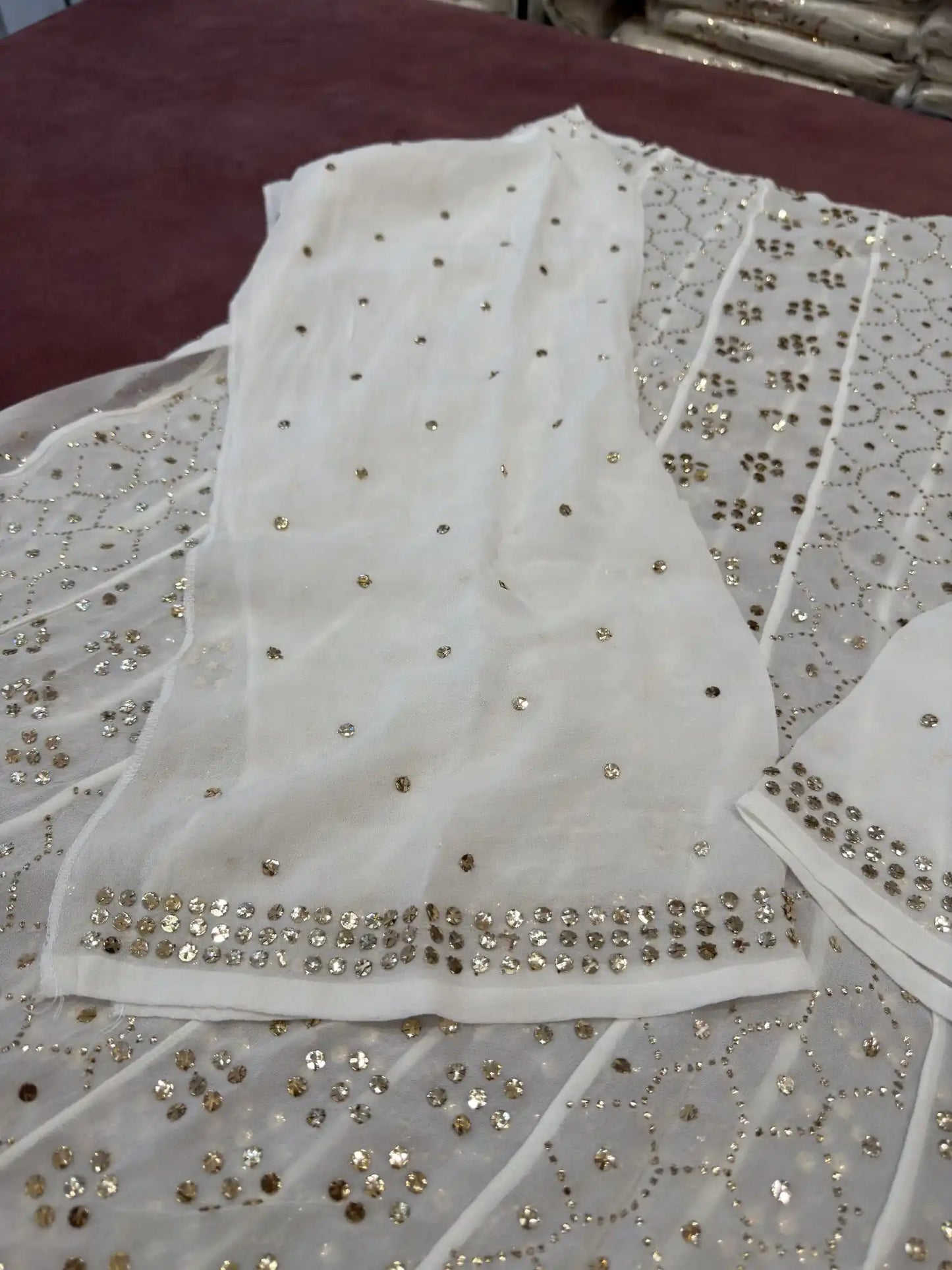 Close-up of all-over gold-toned Mukaish, Kamdani, Badla hand embroidery