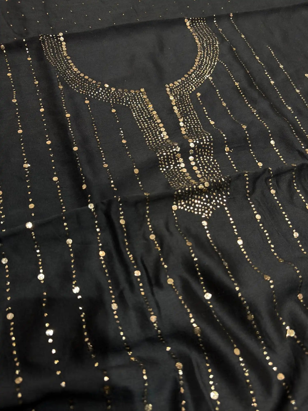 Neck detail of Black Chanderi Silk suit with Mukaish work