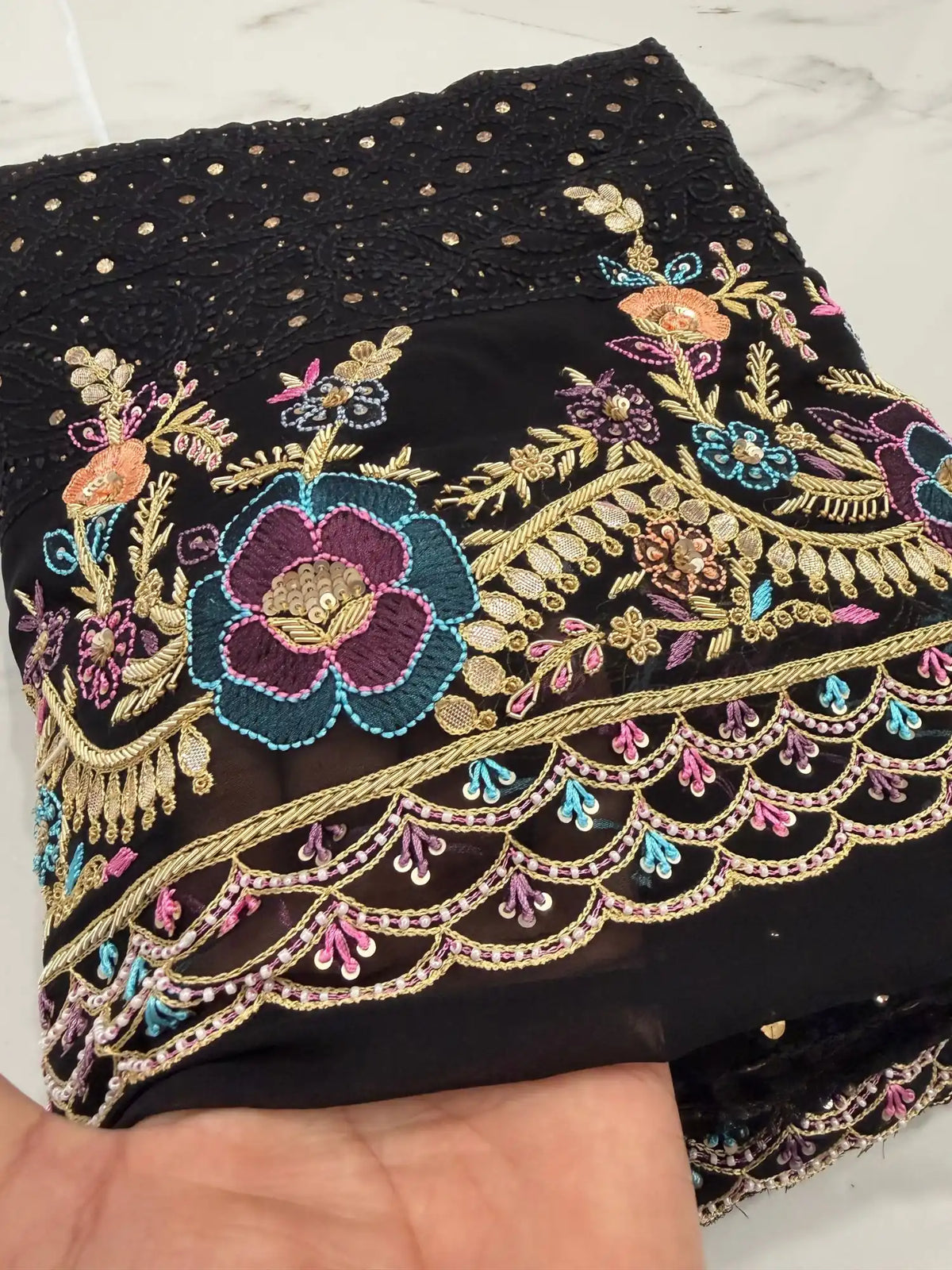 Black Chikankari Mukaish Parsi Zardozi Embroidery Detail