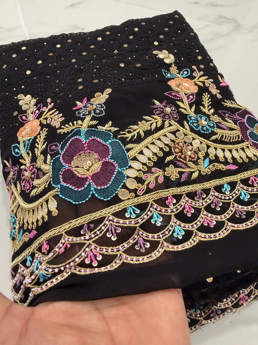 Black Chikankari Mukaish Parsi Zardozi Embroidery Detail