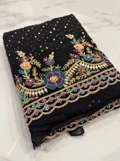 Black Chikankari Mukaish Parsi Zardozi Suit Front View