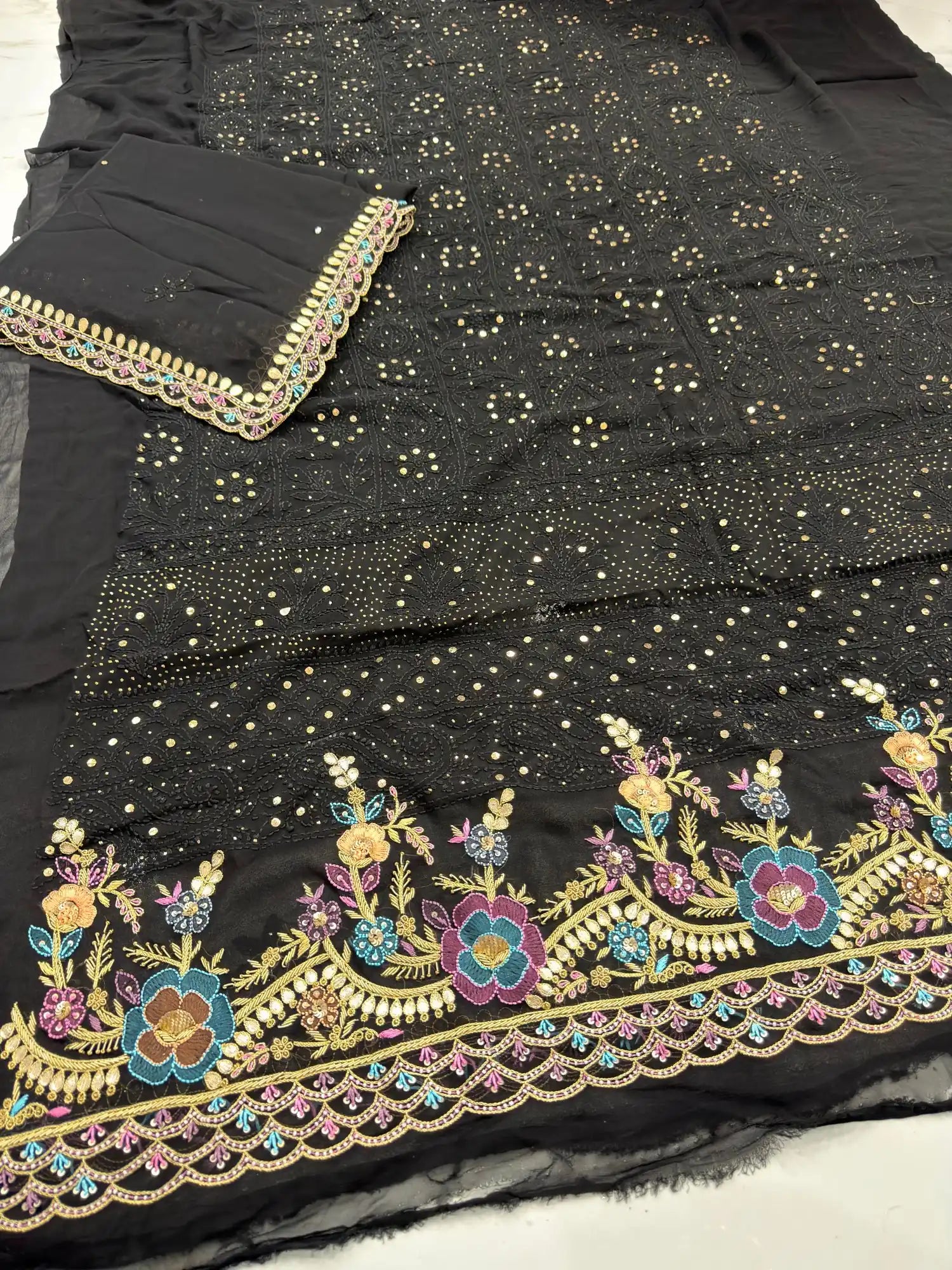 Black Chikankari Parsi Zardozi Suit Side View