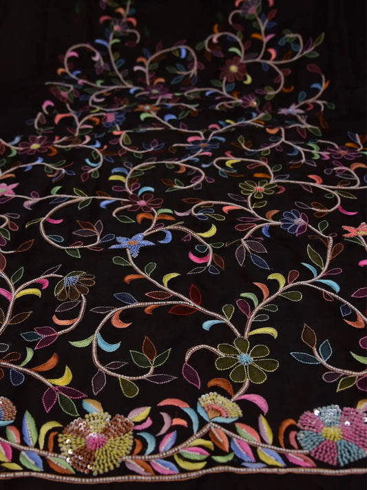 Close-up of multicolour floral Parsi Shadow embroidery on black Pure Organza Silk