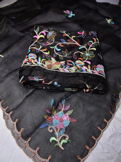 Black Pure Organza Silk straight suit with dense multicolour floral Parsi Shadow embroidery