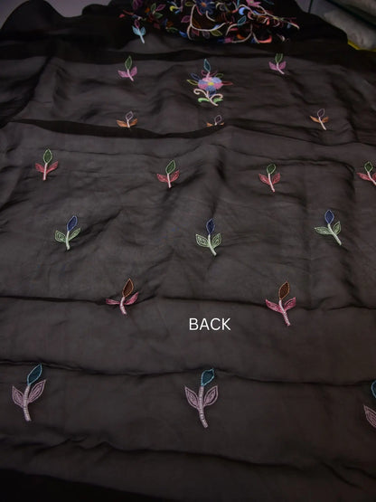 Back view of black Pure Organza Silk straight suit with multicolour floral motifs