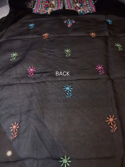 Back view of black Pure Organza Silk straight suit with multicolour floral embroidery