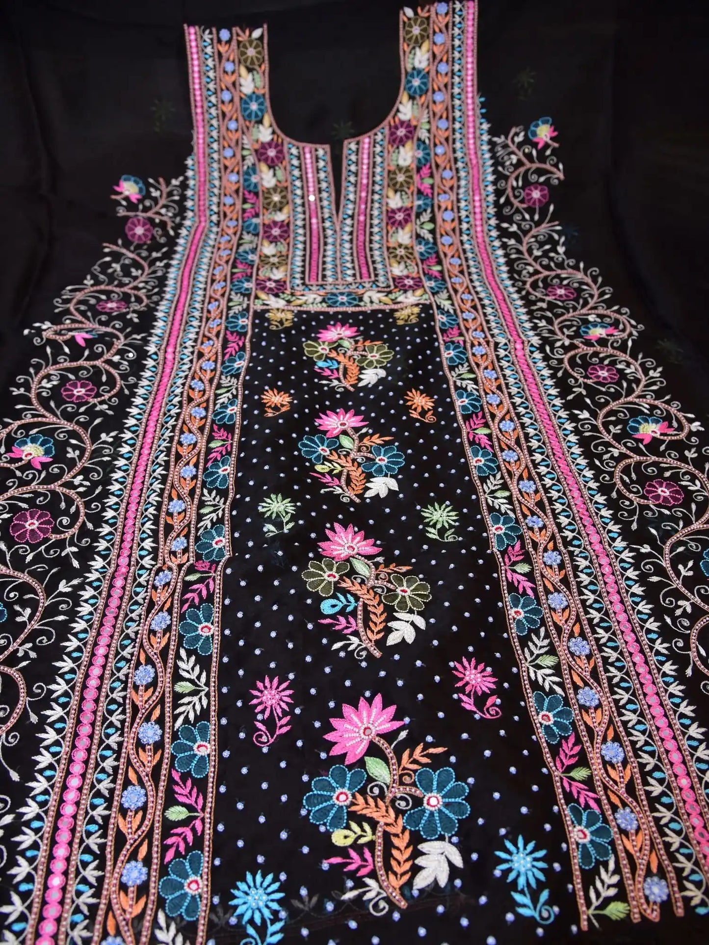 Black Pure Organza Silk straight suit with multicolour floral Parsi Shadow embroidery full