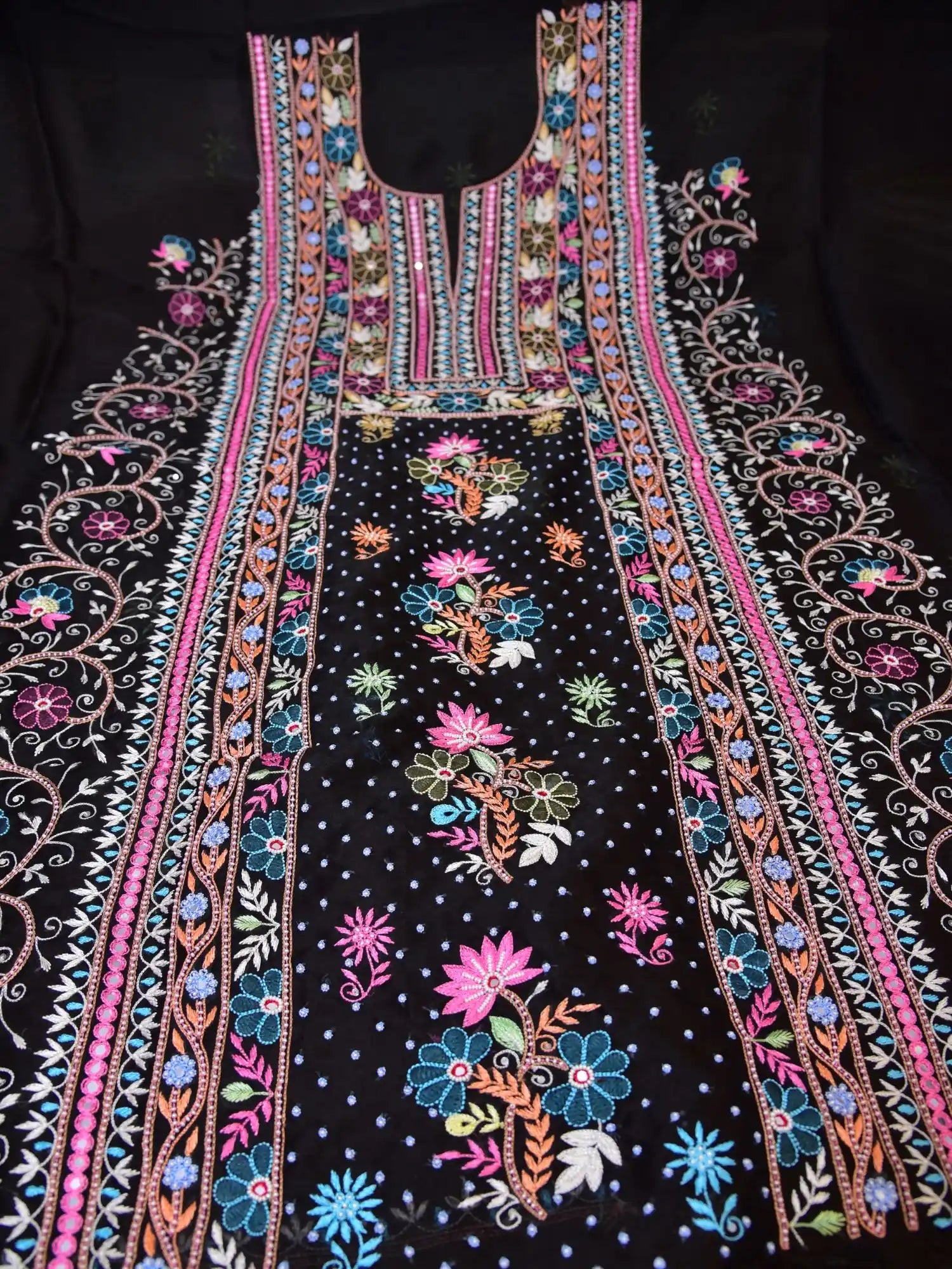 Black Pure Organza Silk straight suit with multicolour floral Parsi Shadow embroidery full