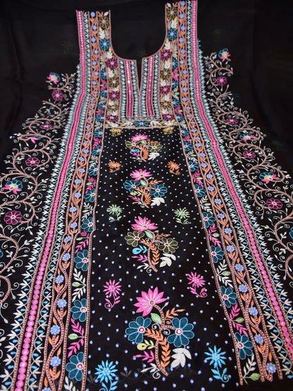 Black Pure Organza Silk straight suit with multicolour floral Parsi Shadow embroidery full