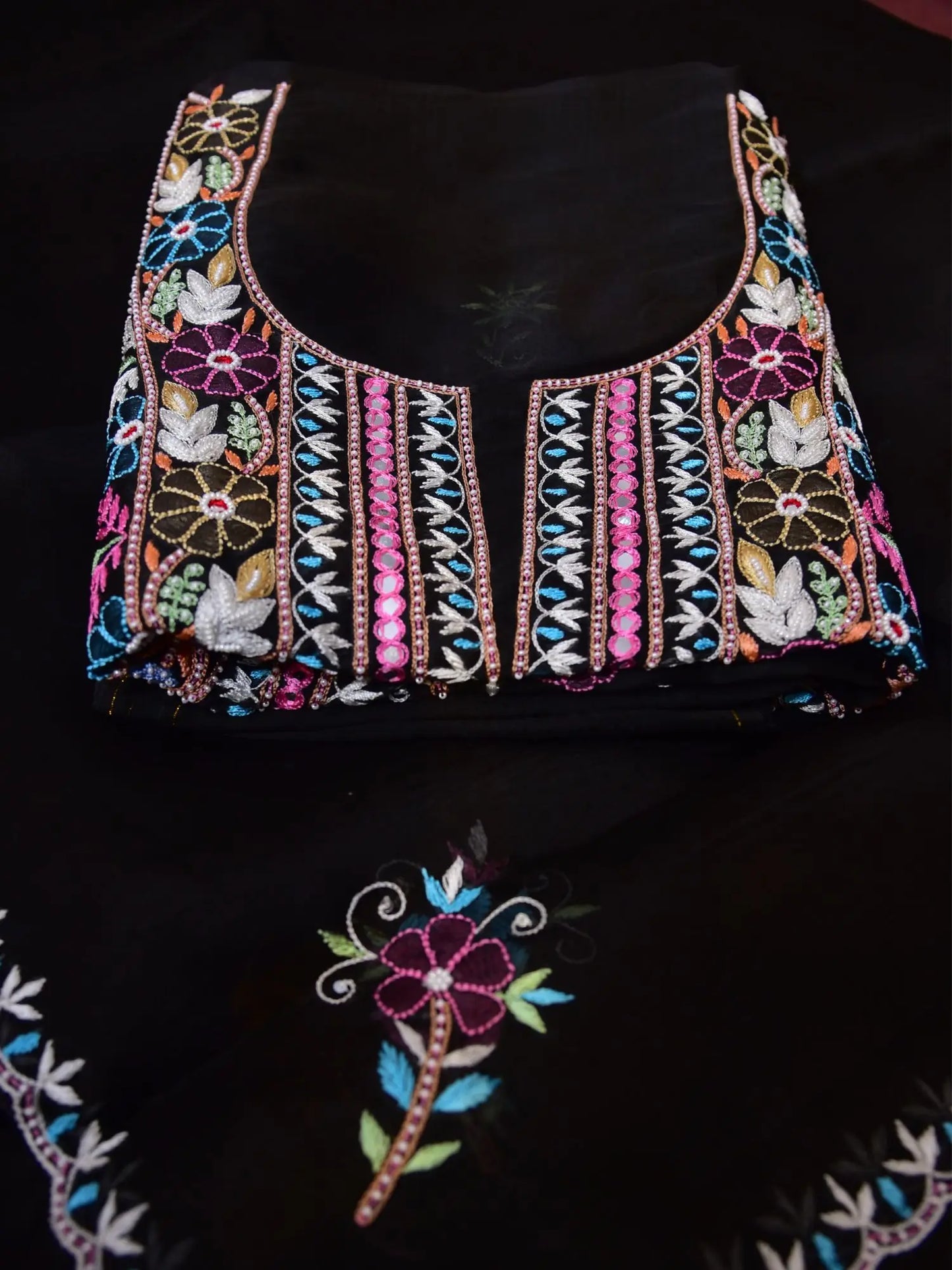 Black Pure Organza Silk straight suit with multicolour floral Parsi Shadow embroidery