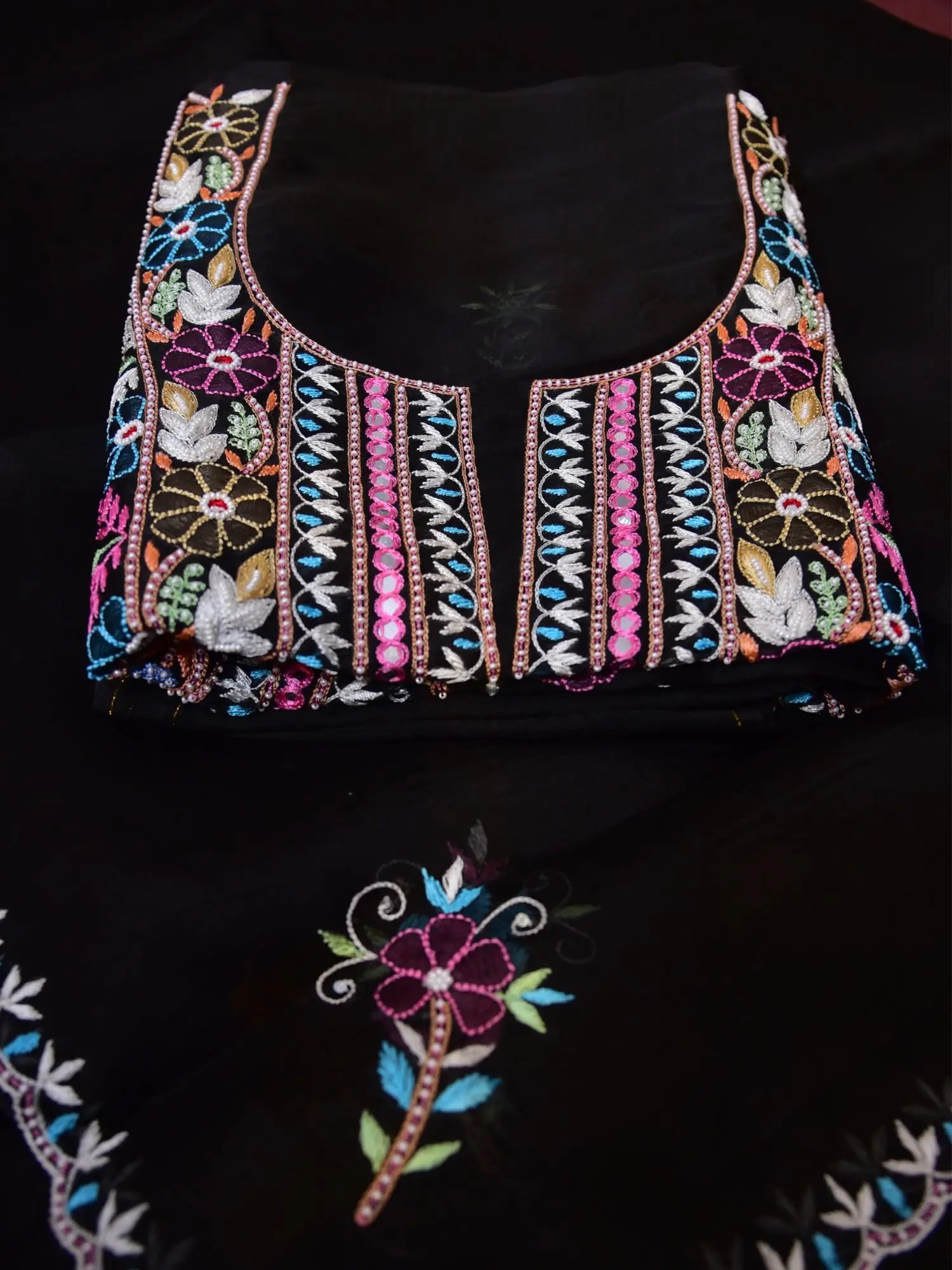 Black Pure Organza Silk straight suit with multicolour floral Parsi Shadow embroidery