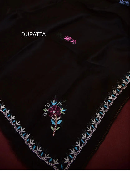 Black Pure Organza Silk dupatta from the multicolour floral embroidered 3-piece suit set