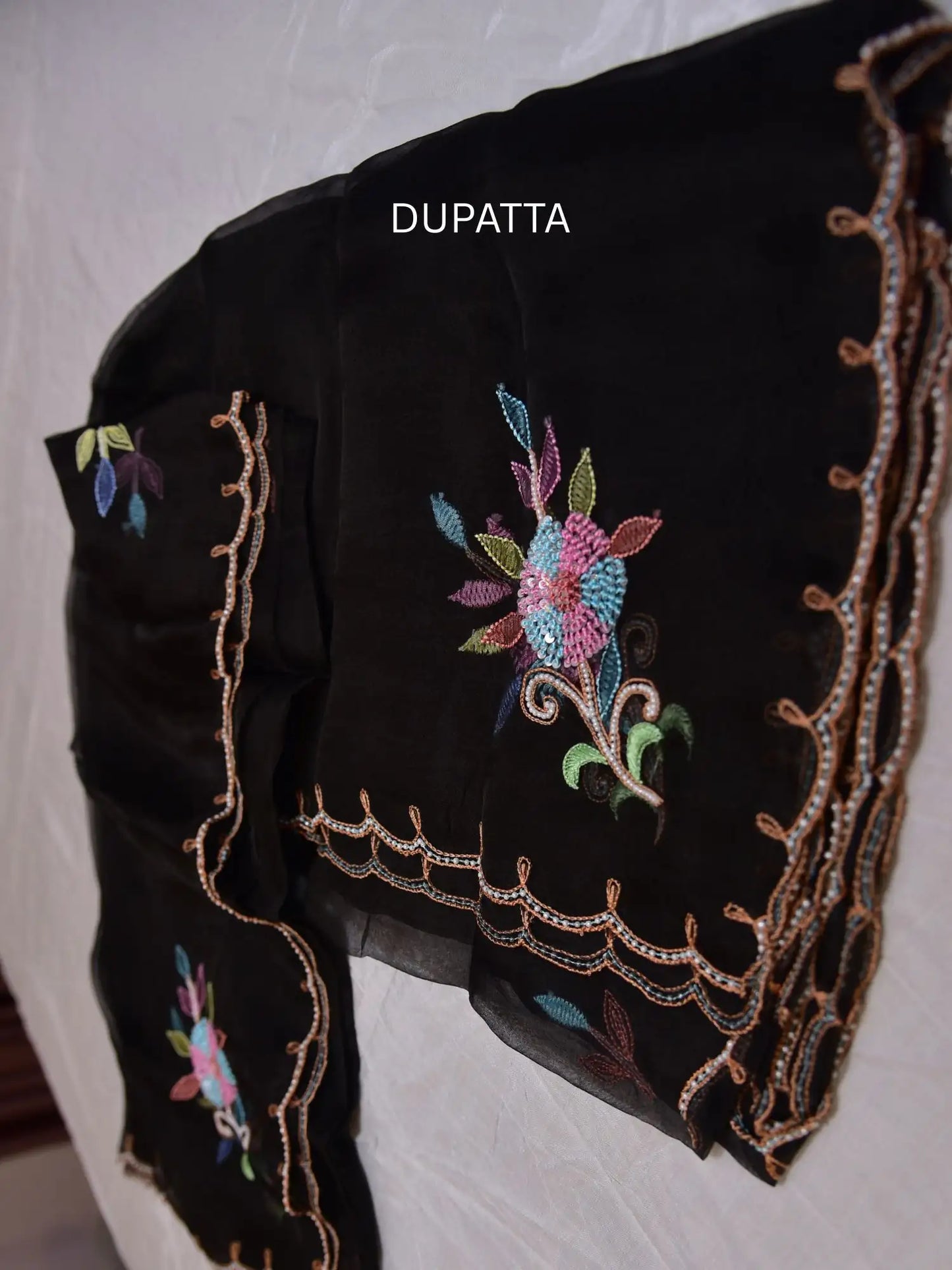 Black Pure Organza Silk dupatta with multicolour floral embroidery