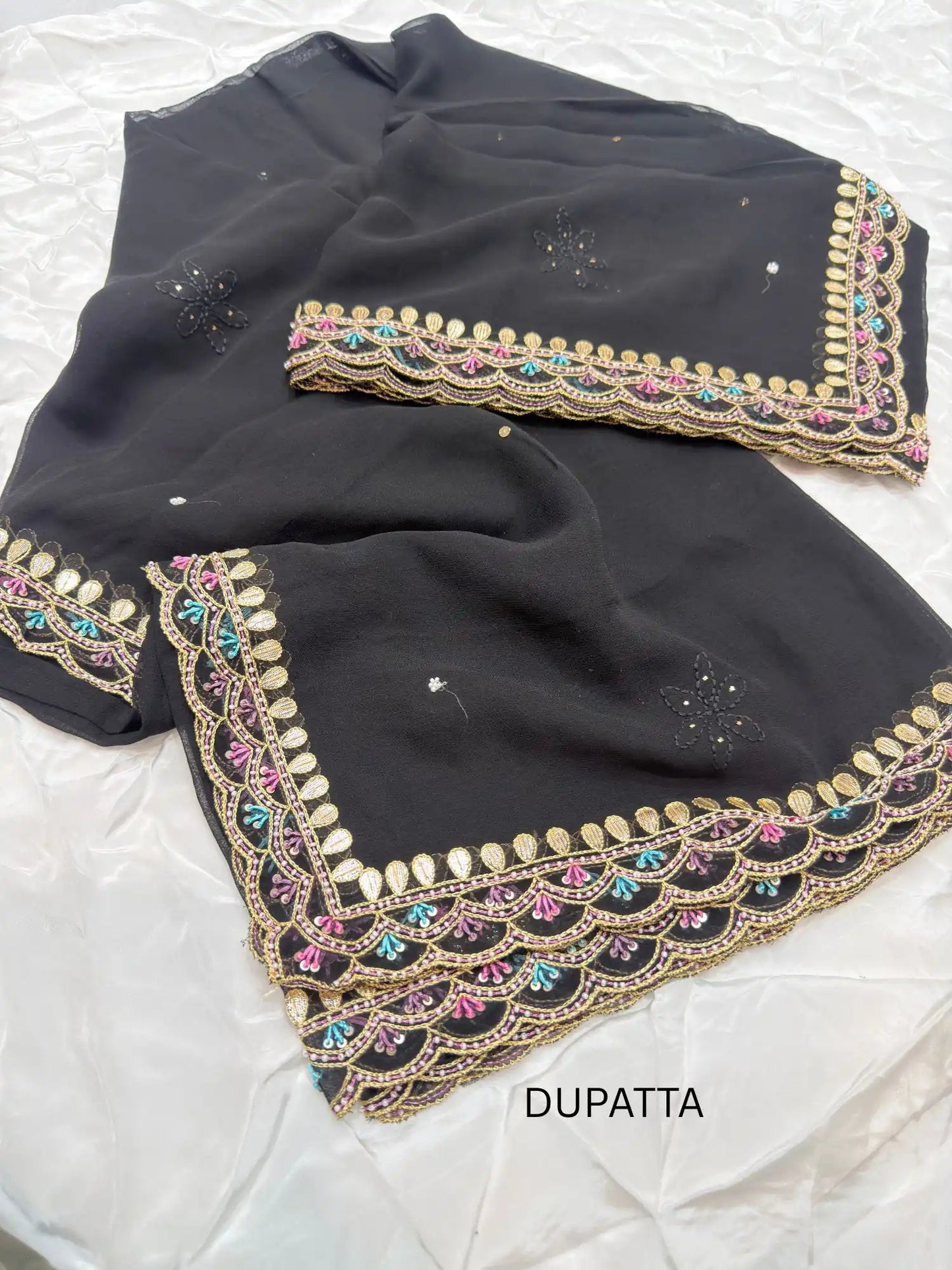 Black Parsi Zardozi Suit Four-Side Border Dupatta