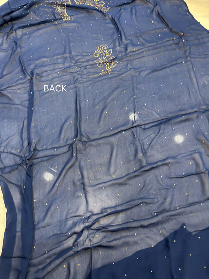 Back view of a Navy Blue Lucknowi Kurta with all-over Mukaish dana work