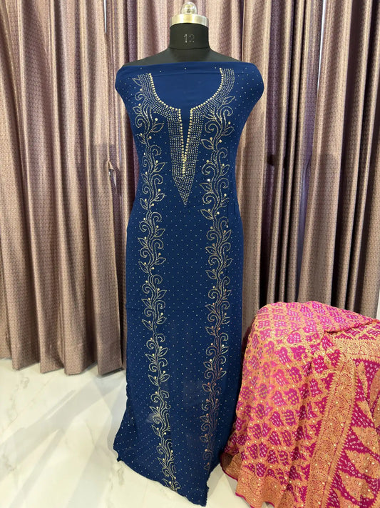 Front view of a Pure Georgette Blue Lucknowi Kurta with floral Mukaish embroidery