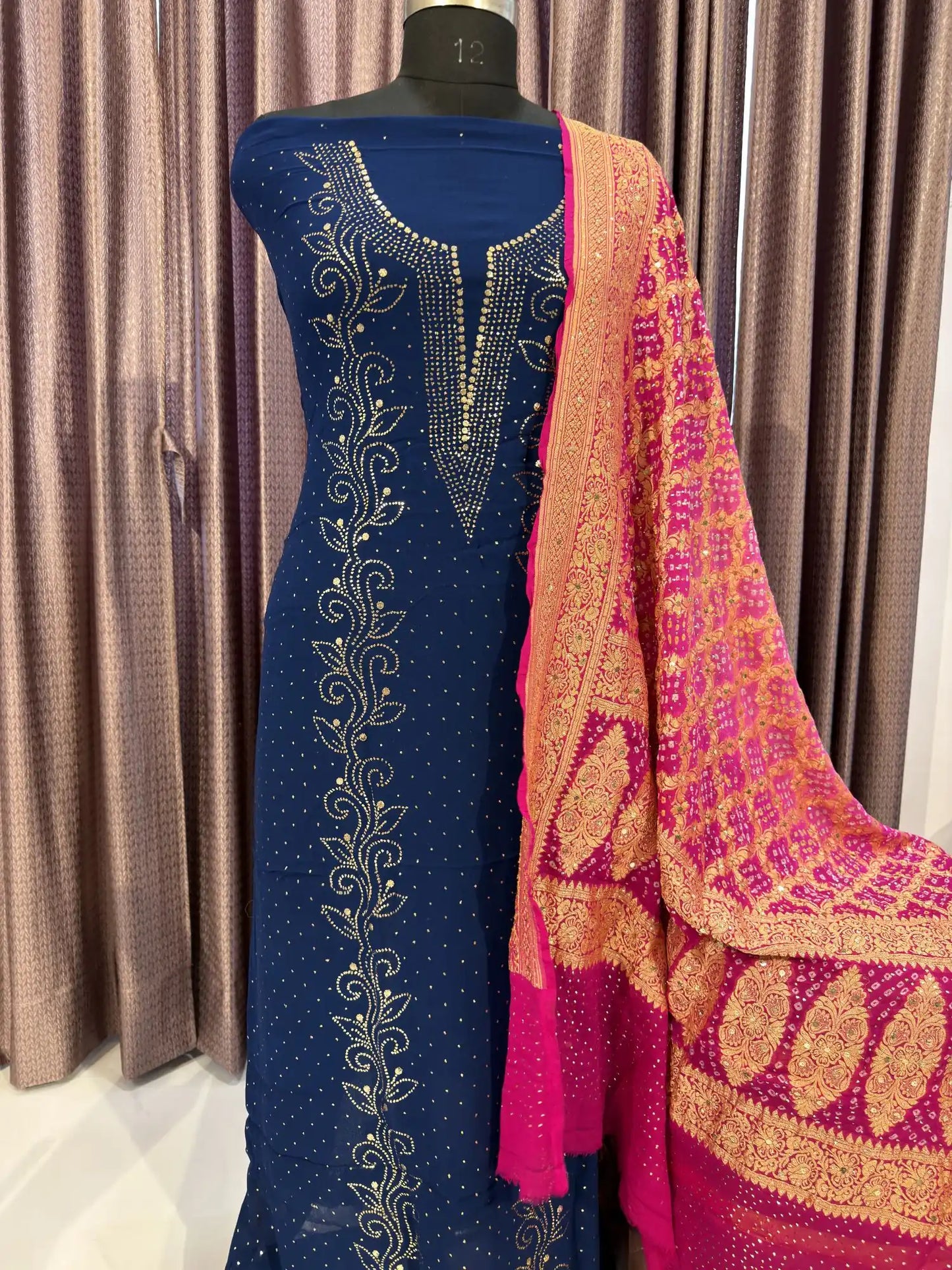 Navy Blue Lucknowi Kurta Set with handcrafted Badla and Mukaish embroidery