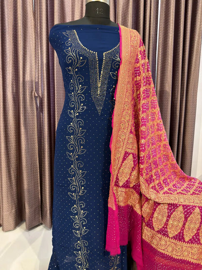 Navy Blue Lucknowi Kurta Set with handcrafted Badla and Mukaish embroidery