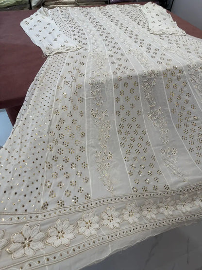 Back view of Viscose Georgette Chikankari Anarkali with gold-toned Mukaish embroidery
