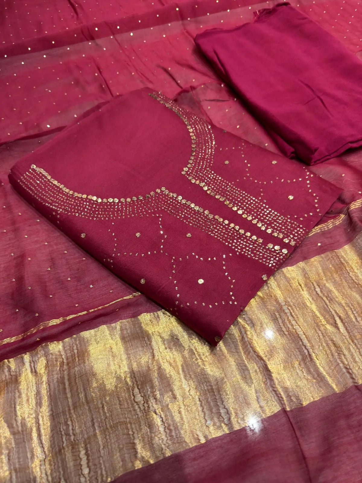 Crimson Red Chanderi Silk Mukaish Suit front view