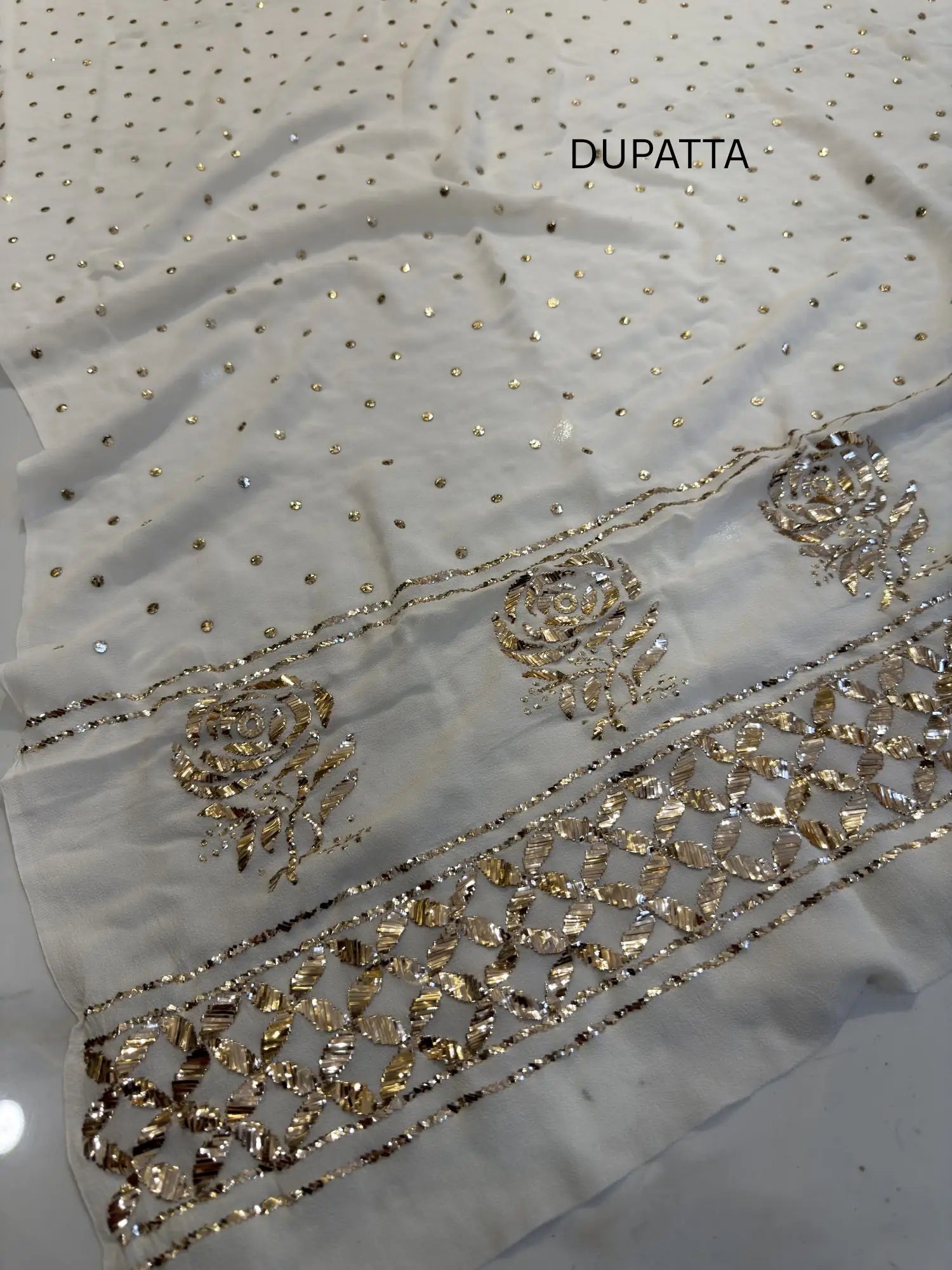 Designer Pure Georgette dupatta with handcrafted Mukaish border and dana work