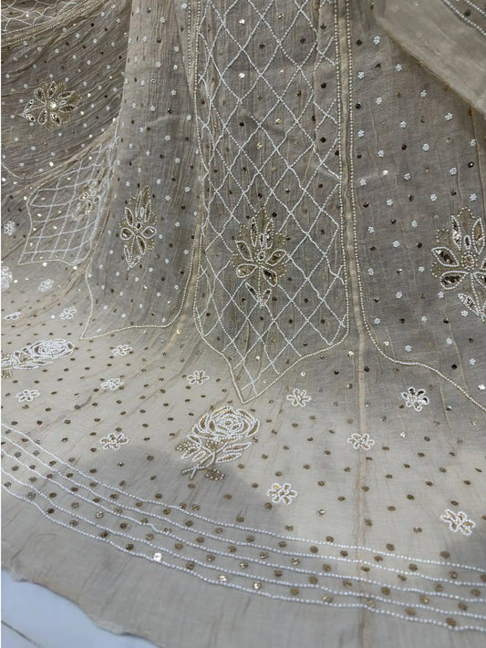 Diamond jaal embroidery with handcrafted pearl and Mukaish work on a luxury Lucknowi lehenga