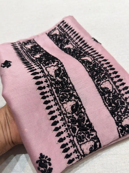 Front detail of Dusty Mauve linen Chikankari unstitched kurta fabric with fine embroidery.