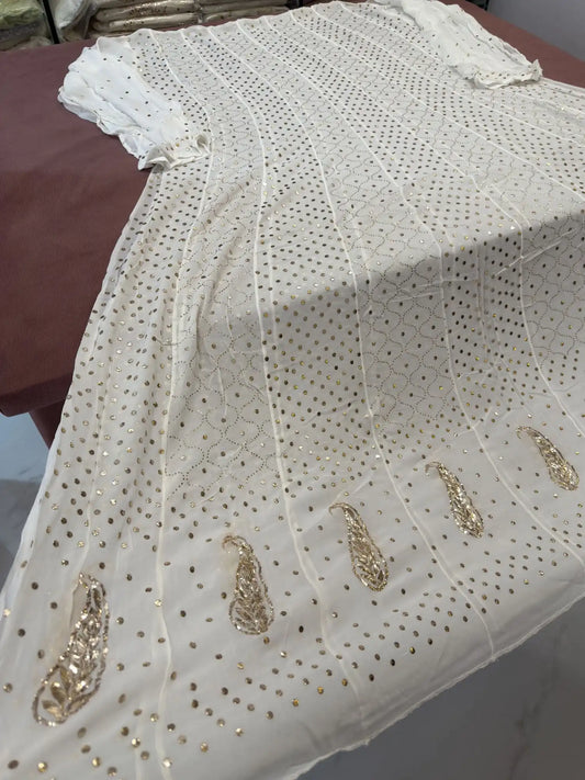 Close up of dyeable Lucknowi Chikankari Anarkali with handcrafted Mukaish embroidery of leaf