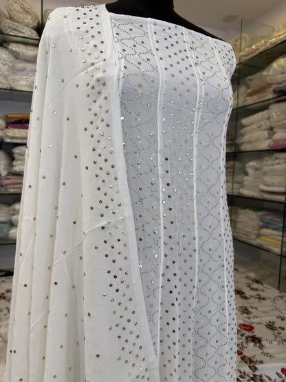 Dyeable Lucknowi Chikankari Viscose Georgette Anarkali with gold-toned Mukaish work