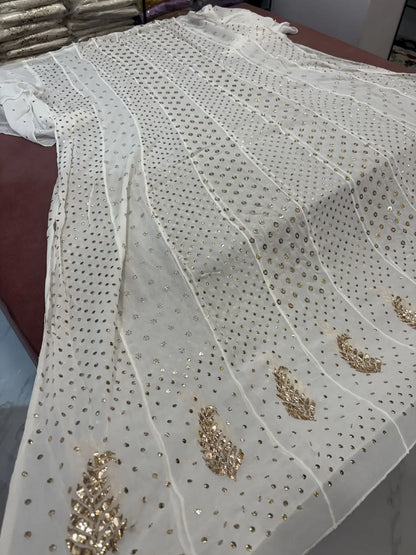 Back view of dyeable Lucknowi Chikankari Anarkali with handcrafted circular Mukaish embroidery
