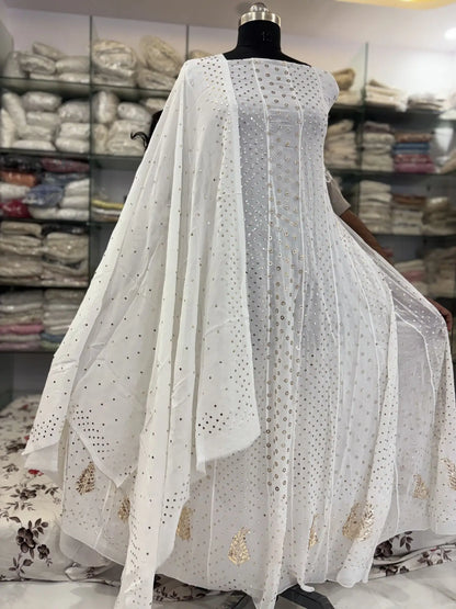 Front view of dyeable Lucknowi Chikankari Viscose Georgette Anarkali with circular gold-toned Mukaish work