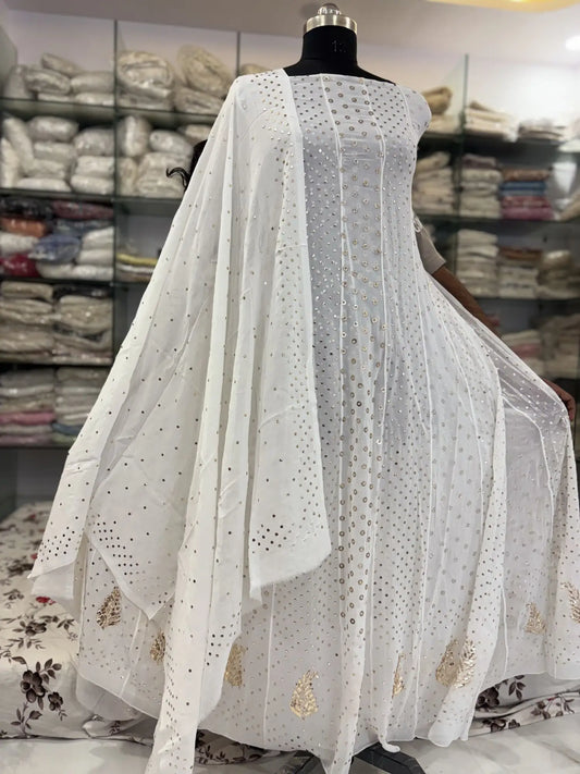 Front view of dyeable Lucknowi Chikankari Viscose Georgette Anarkali with circular gold-toned Mukaish work