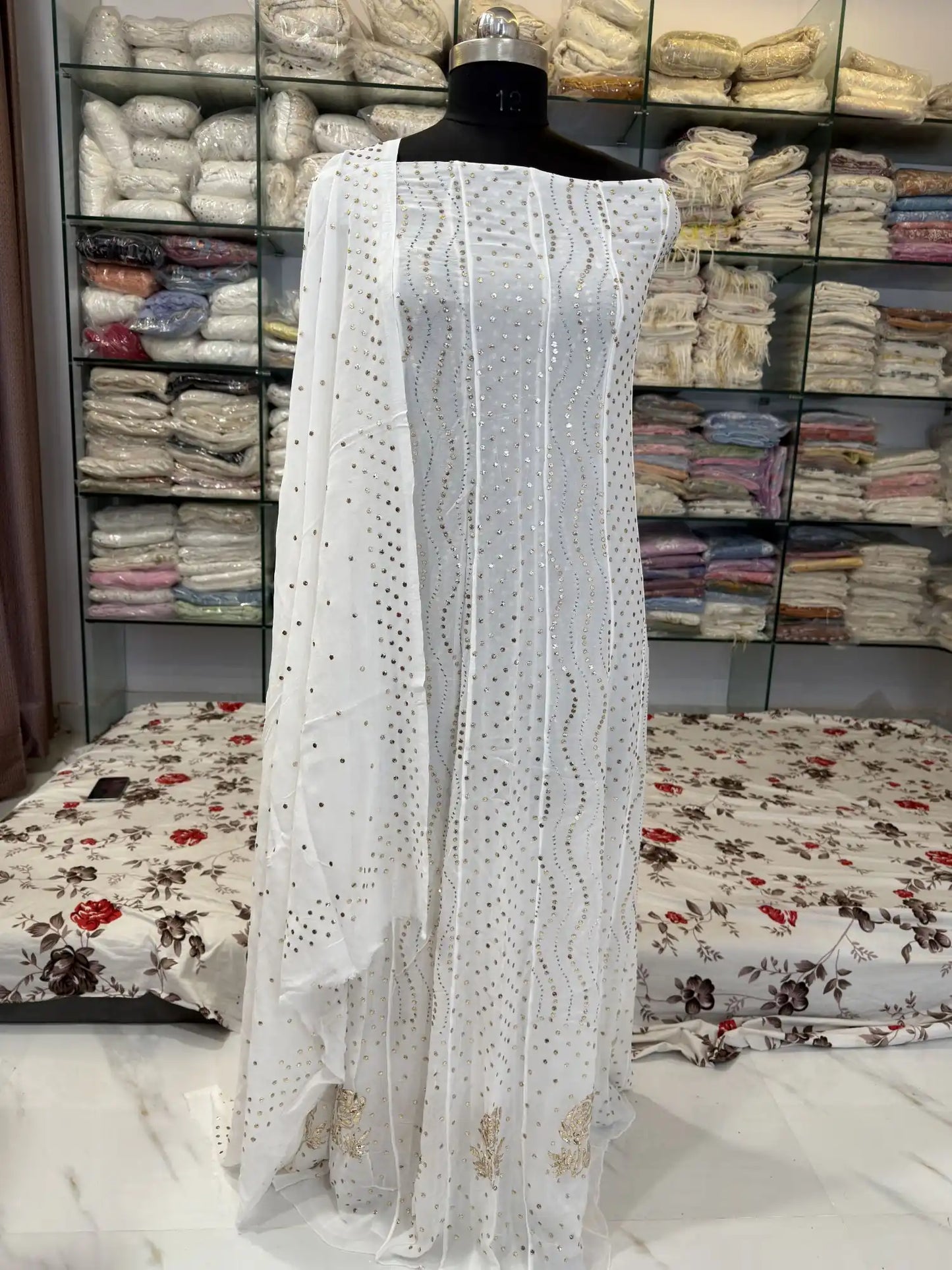 Dyeable Lucknowi Chikankari dress in Viscose Georgette with gold-toned Mukaish work and floral embroidered border