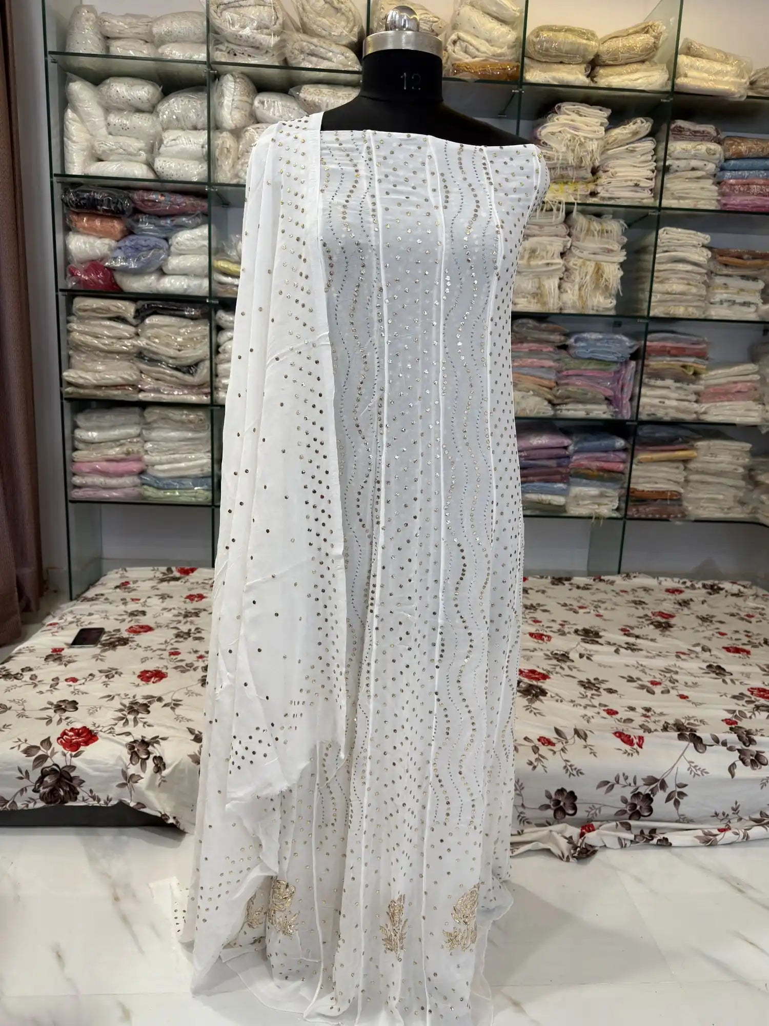 Dyeable Lucknowi Chikankari dress in Viscose Georgette with gold-toned Mukaish work and floral embroidered border