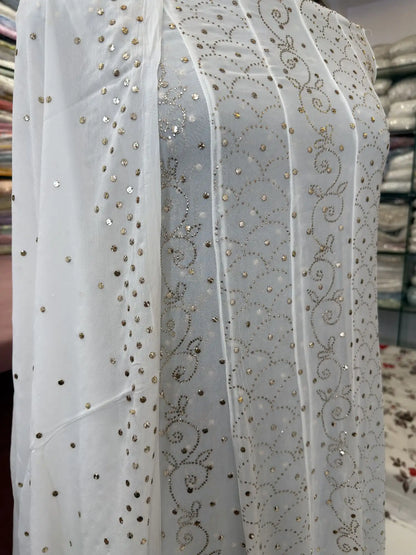 Dyeable Lucknowi Viscose Georgette Anarkali dress with gold-toned Mukaish and Badla work