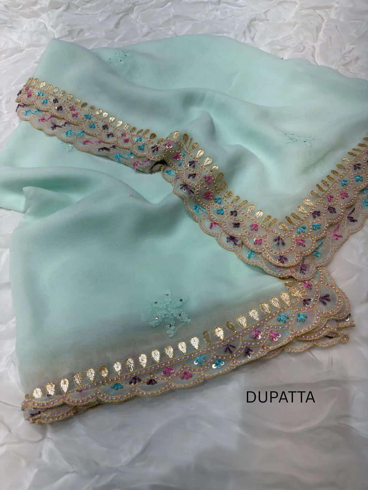 Firozi dupatta with four-side embroidered Parsi Shadow Zardozi border