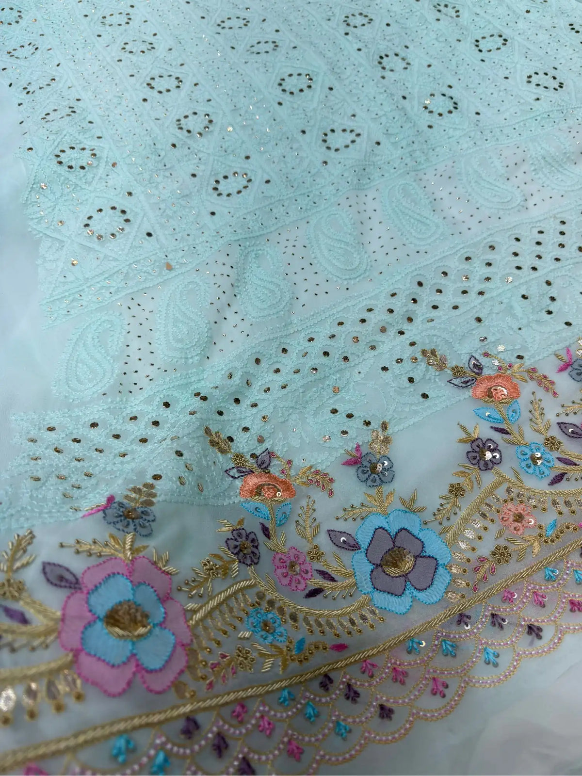 Firozi suit front detail with multicolour Chikankari floral embroidery and Parsi Shadow Zardozi work