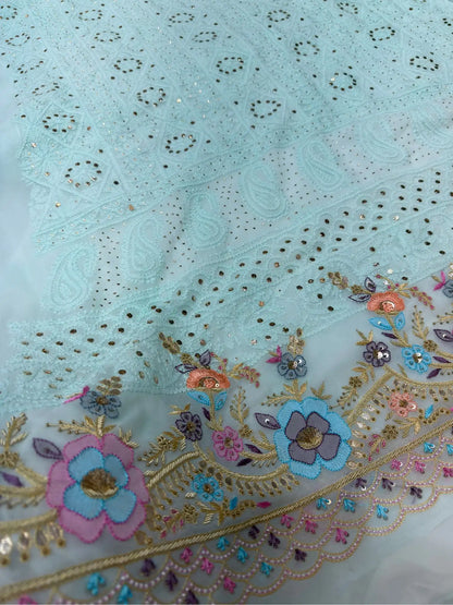 Firozi suit front detail with multicolour Chikankari floral embroidery and Parsi Shadow Zardozi work