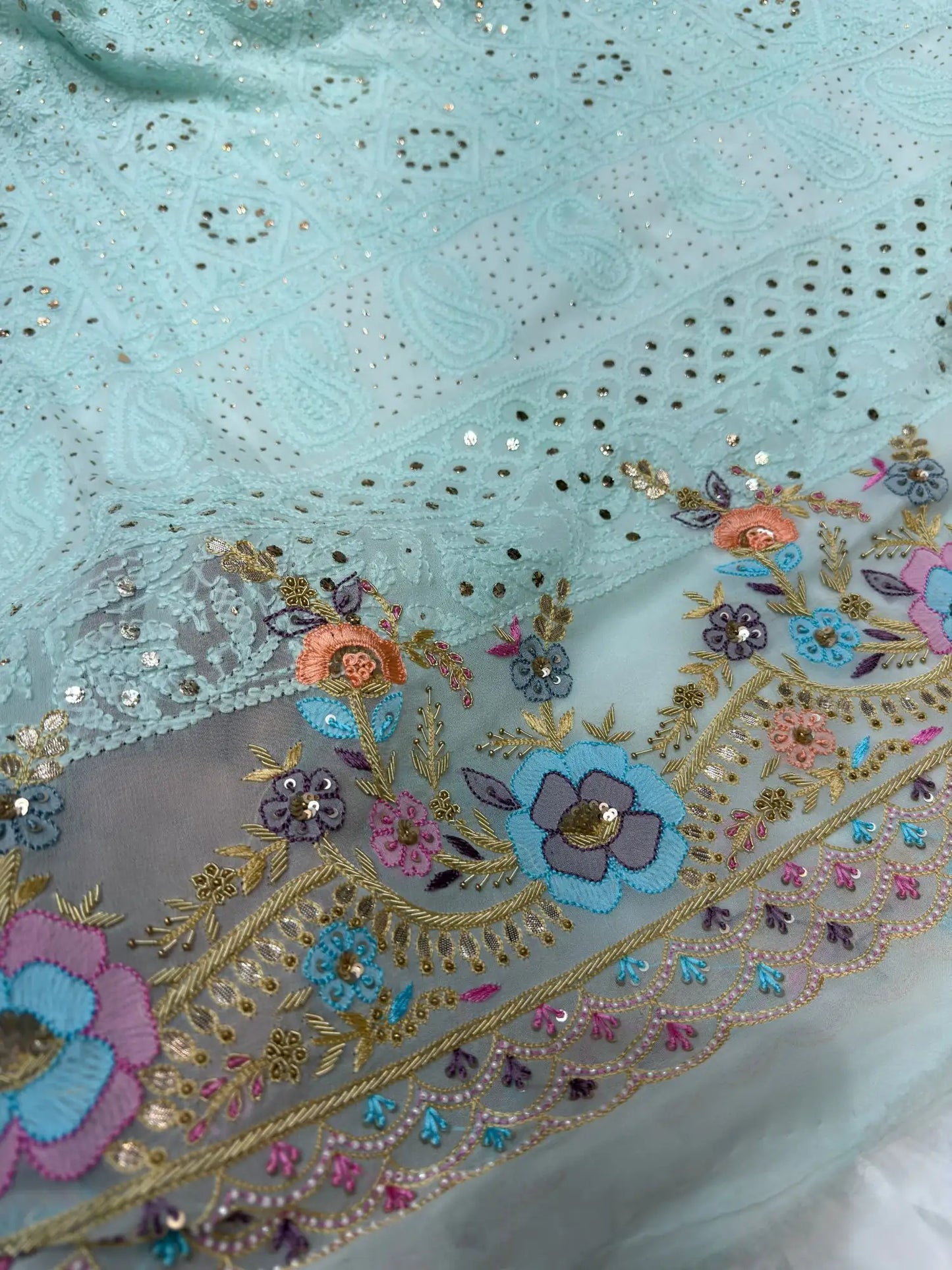Firozi Chikankari Mukaish Parsi Zardozi suit front view