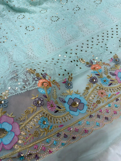 Firozi Chikankari Mukaish Parsi Zardozi suit front view