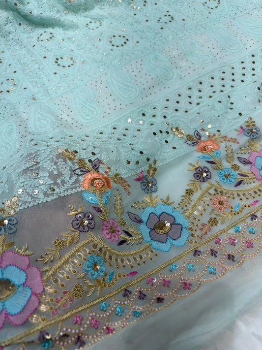 Firozi Chikankari Mukaish Parsi Zardozi suit front view
