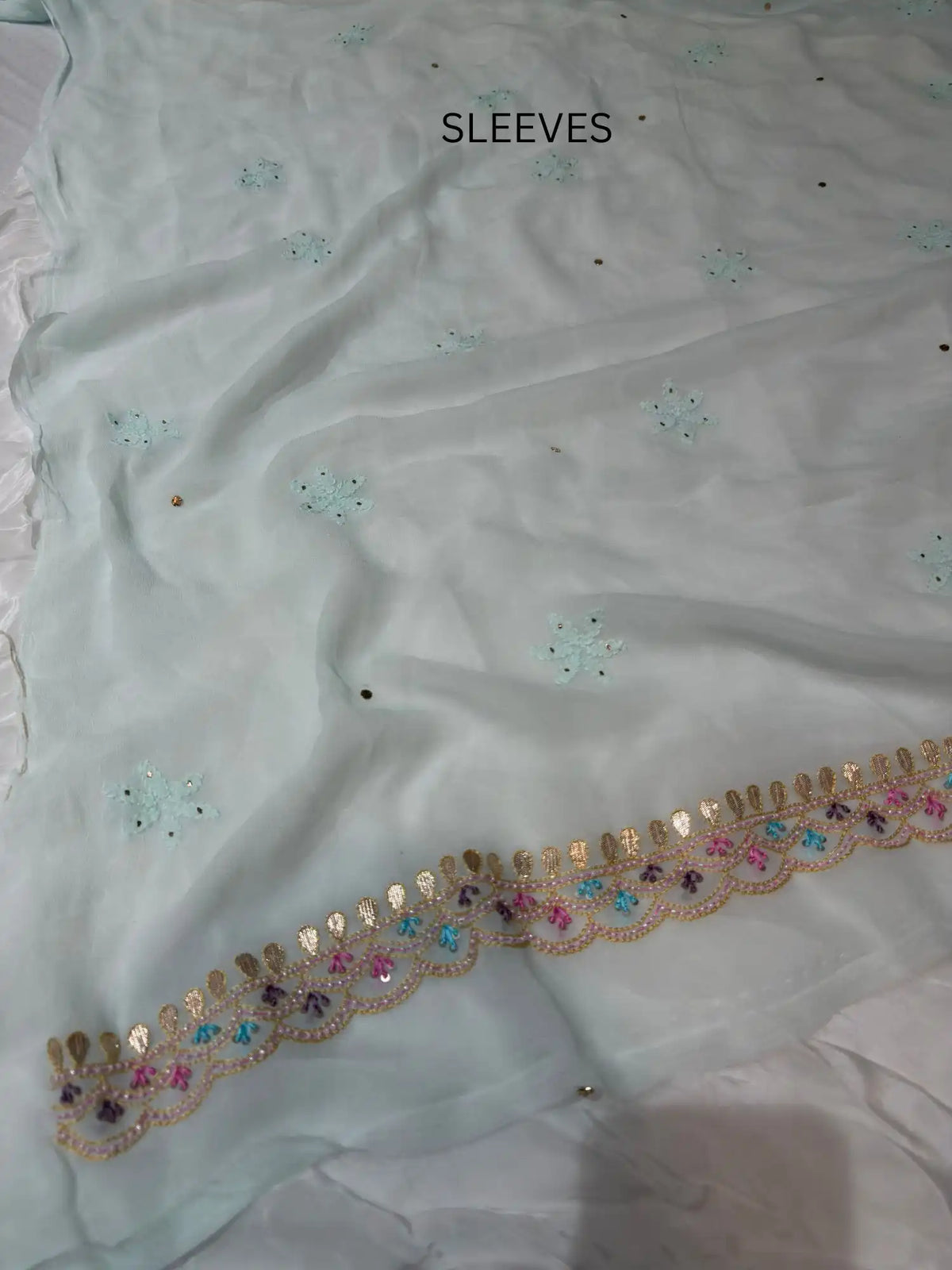 Firozi Chikankari Mukaish Parsi Shadow Zardozi embroidered sleeves