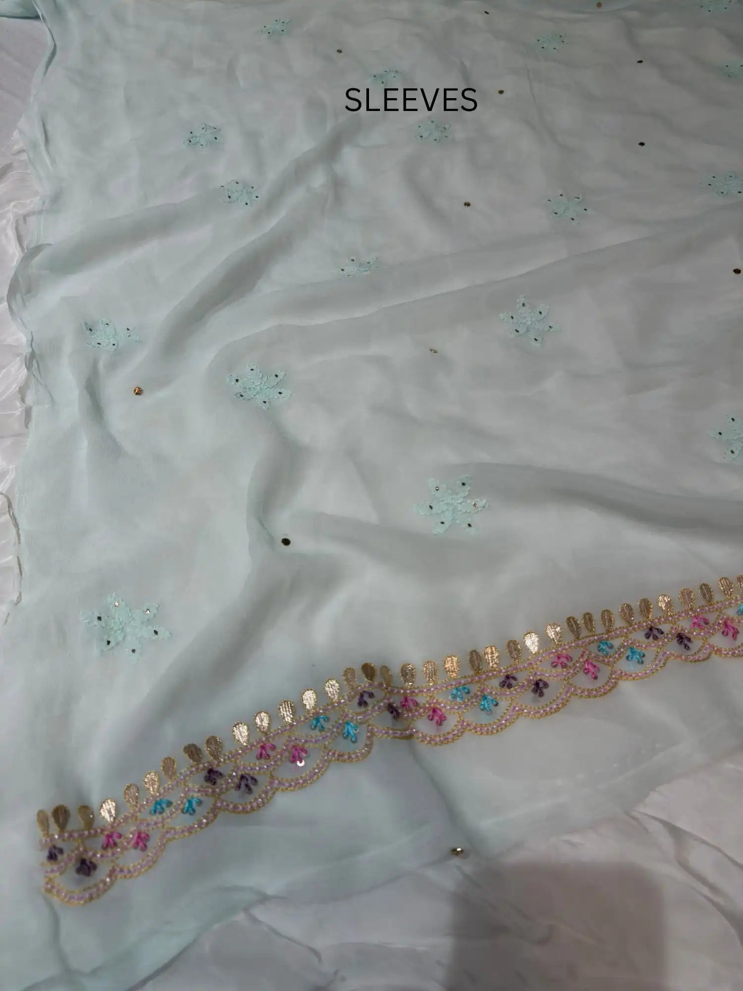 Firozi Chikankari Mukaish Parsi Shadow Zardozi embroidered sleeves