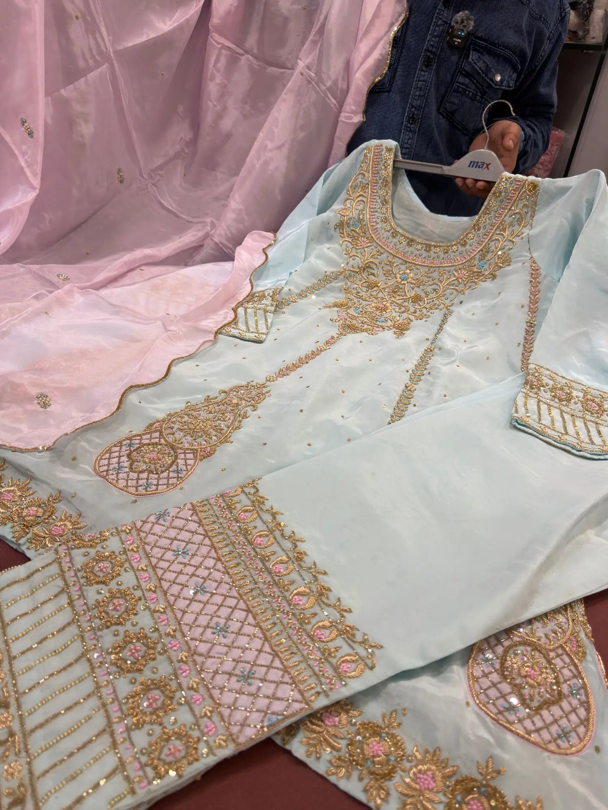 Firozi embroidered Anarkali Set with handcrafted Zardozi work